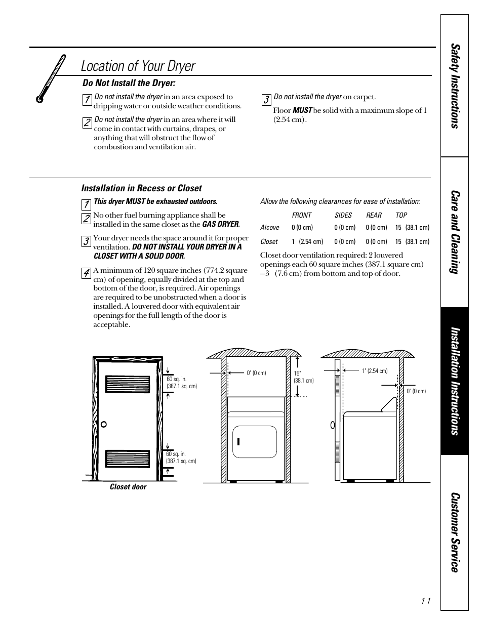Location of your dryer | GE DCD330G User Manual | Page 11 / 20