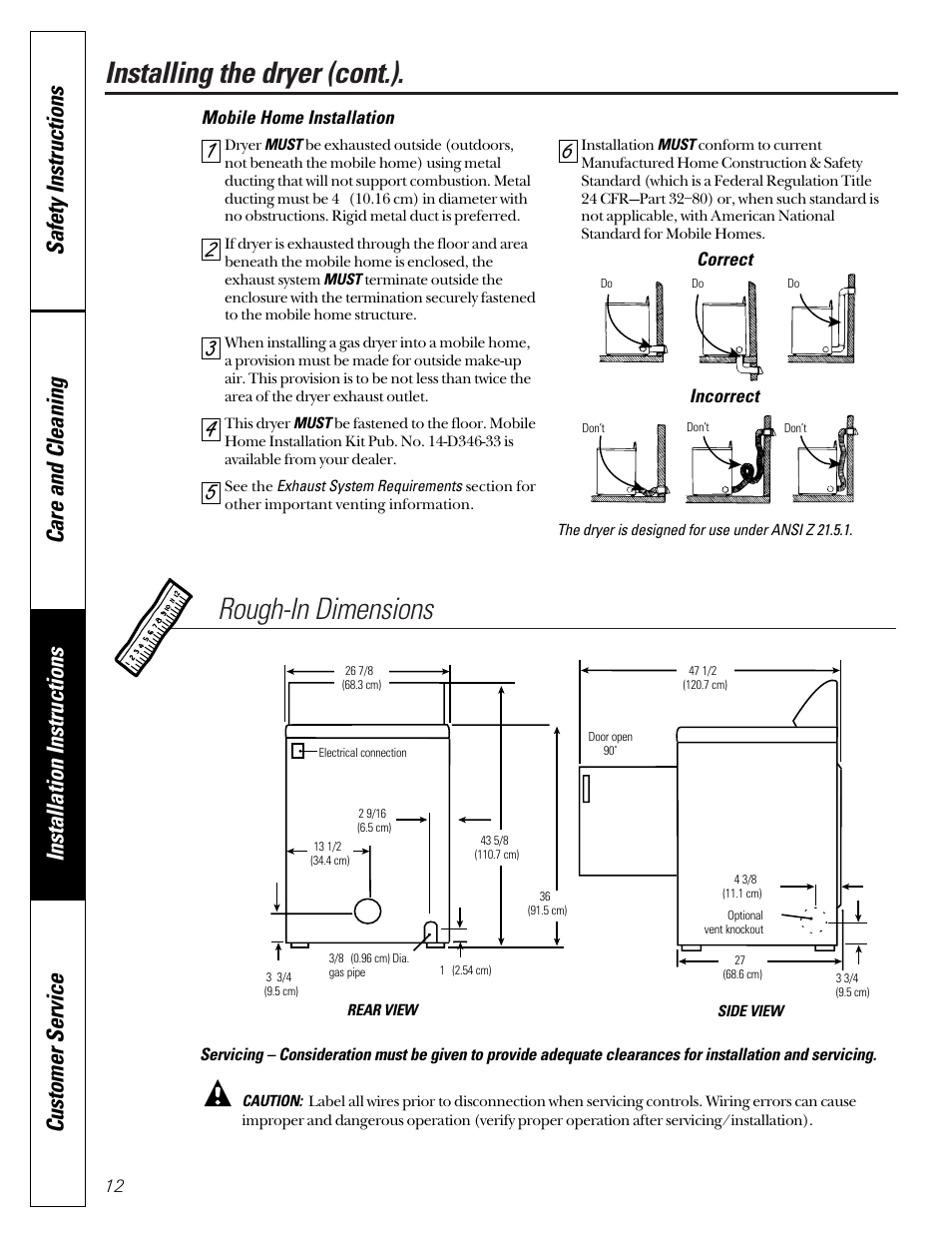 Mobile home installation, Installing the dryer (cont.). rough-in dimensions, Correct incorrect | GE DCD330G User Manual | Page 12 / 20