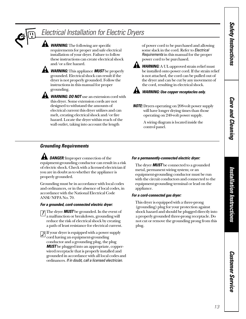 Electrical installation for electric dryers, Electrical installation for electric dryers , 14 | GE DCD330G User Manual | Page 13 / 20