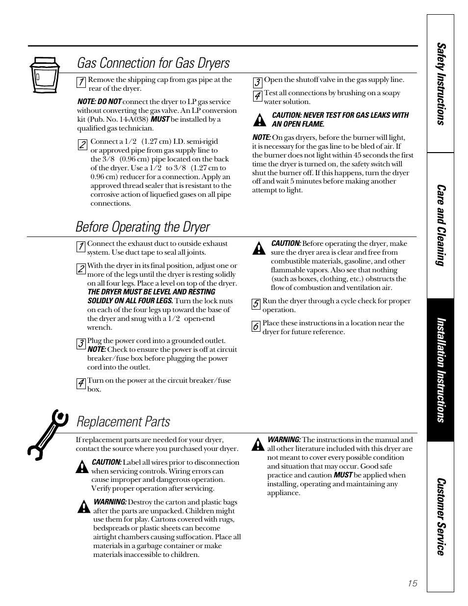 Gas connection for gas dryers, Replacement parts, Before operating the dryer | GE DCD330G User Manual | Page 15 / 20
