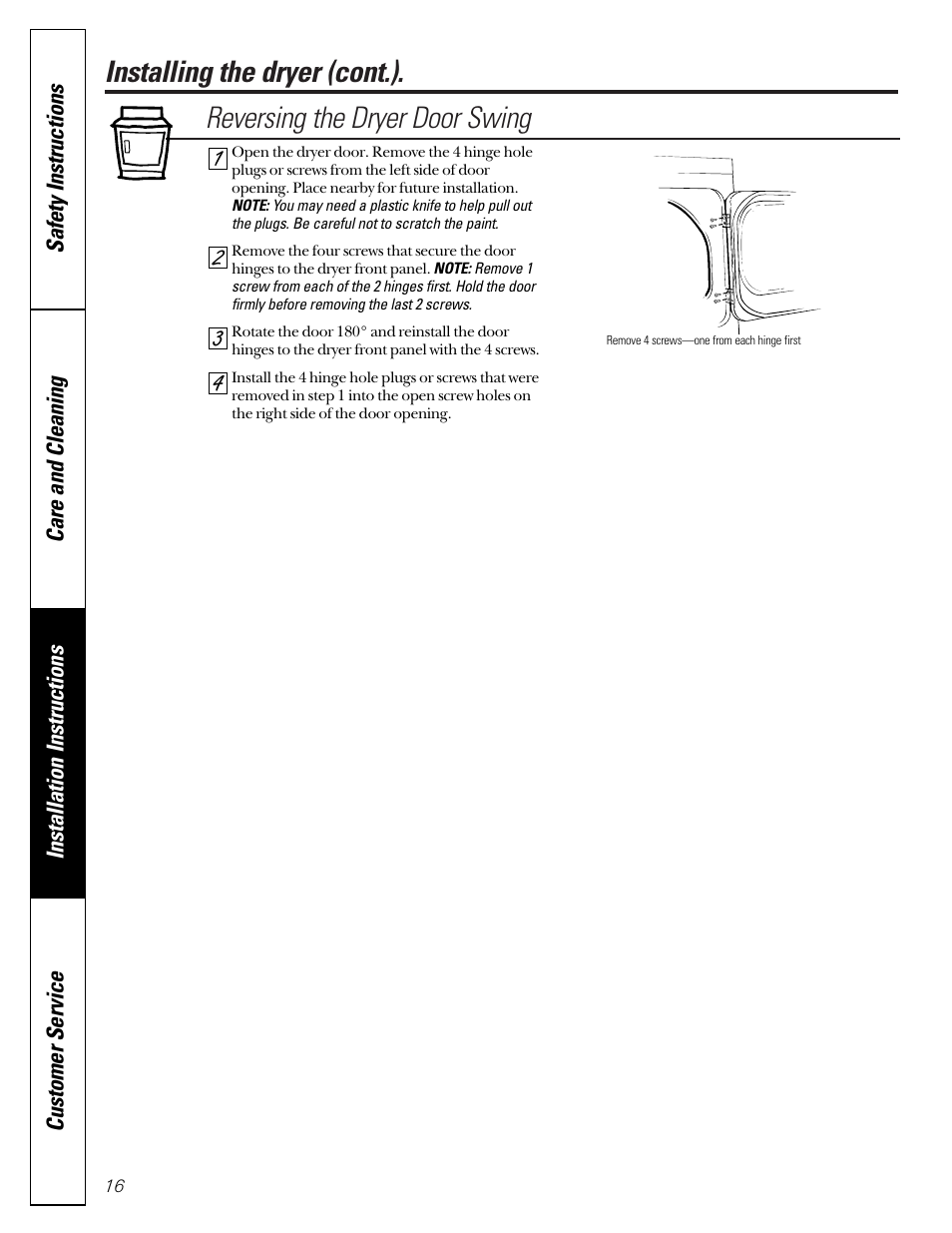 Reversing the door swing | GE DCD330G User Manual | Page 16 / 20