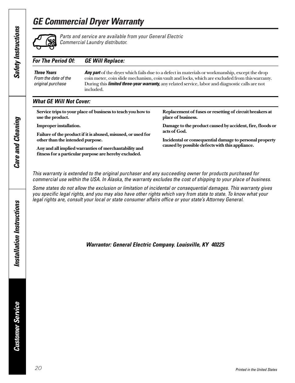 Warranty, Warranty . . . . . . . . . . . .back cover, Ge commercial dryer warranty | GE DCD330G User Manual | Page 20 / 20