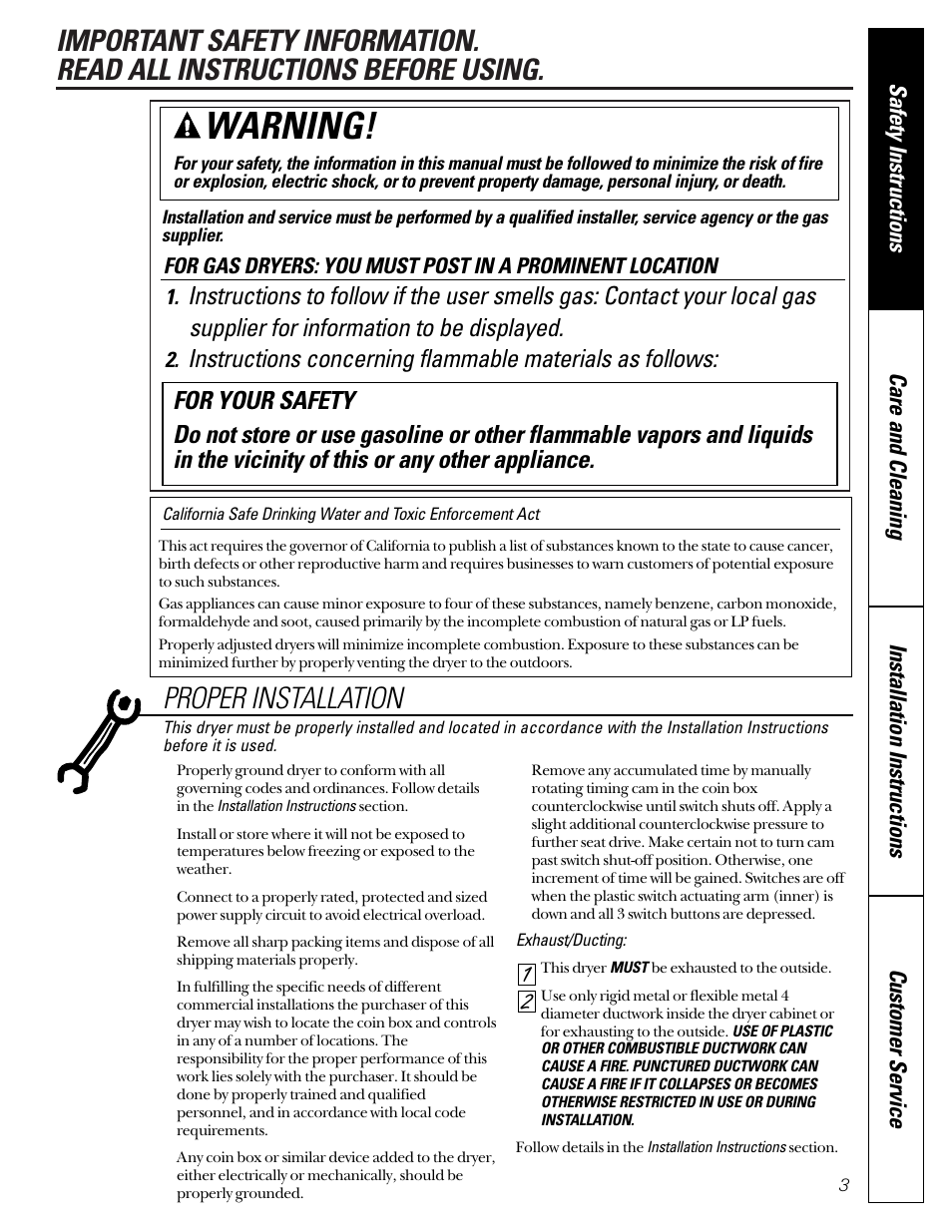 Safety precautions, Safety precautions –5, Warning | Proper installation | GE DCD330G User Manual | Page 3 / 20