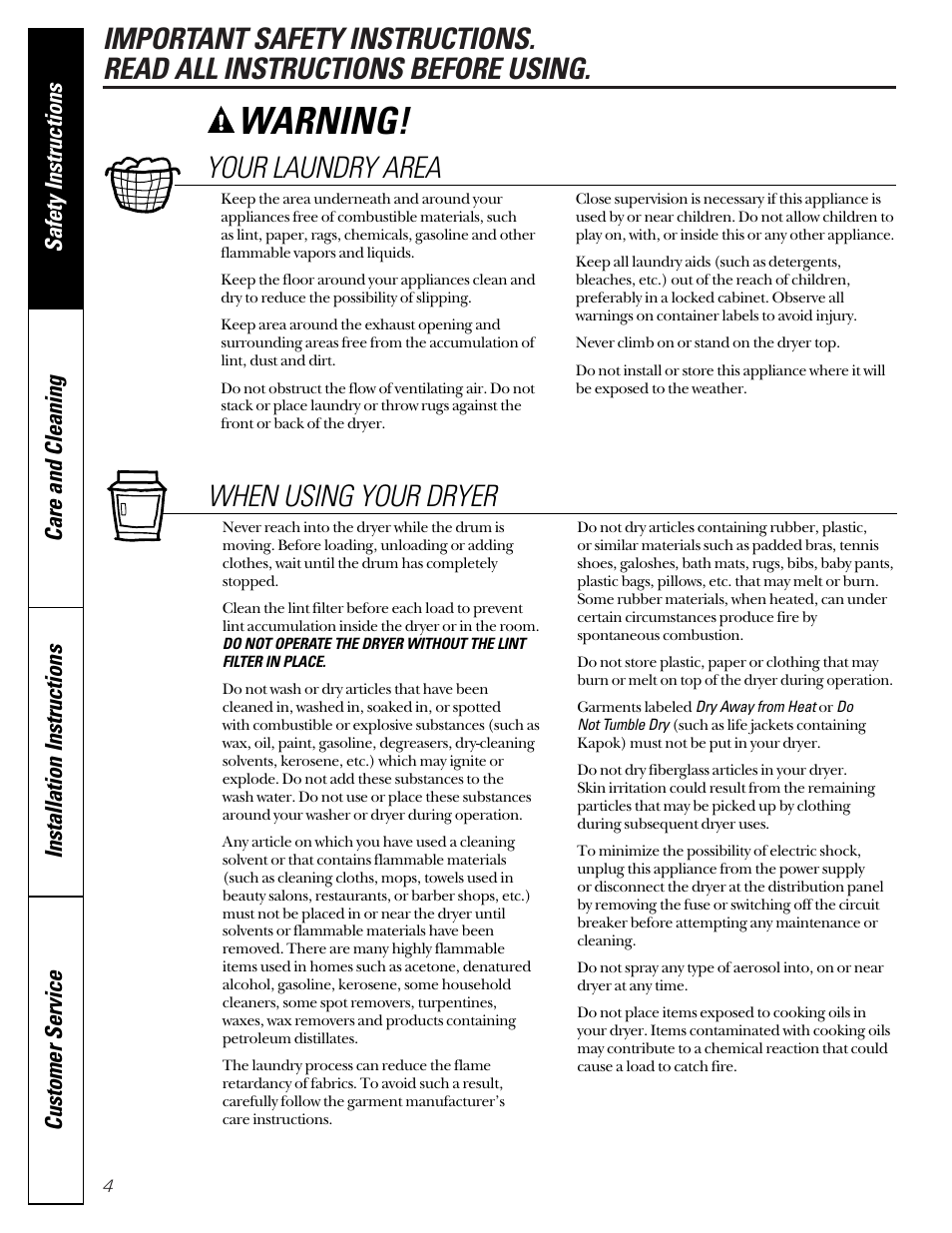 Warning, Your laundry area, When using your dryer | GE DCD330G User Manual | Page 4 / 20
