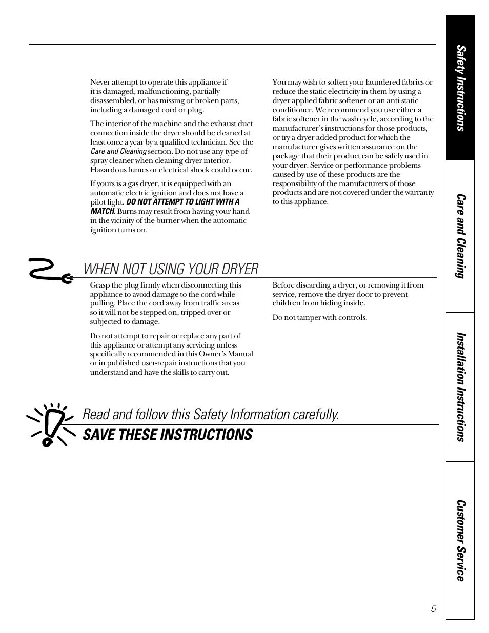 When not using your dryer | GE DCD330G User Manual | Page 5 / 20
