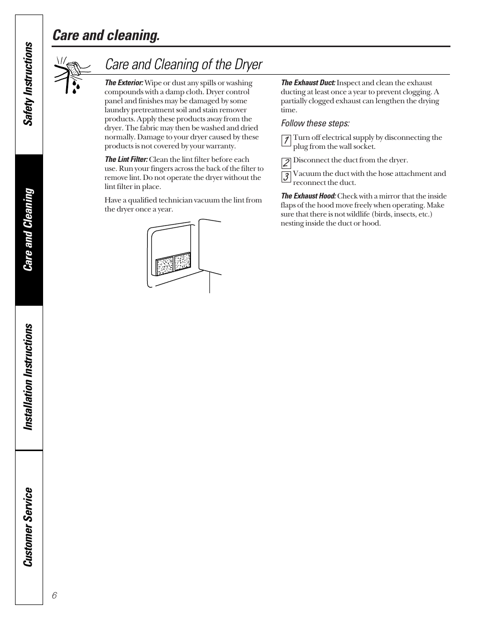 Care and cleaning, Care and cleaning of the dryer | GE DCD330G User Manual | Page 6 / 20