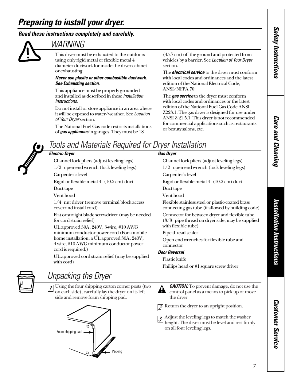 Preparing to install your dryer, Warning, Unpacking the dryer | GE DCD330G User Manual | Page 7 / 20