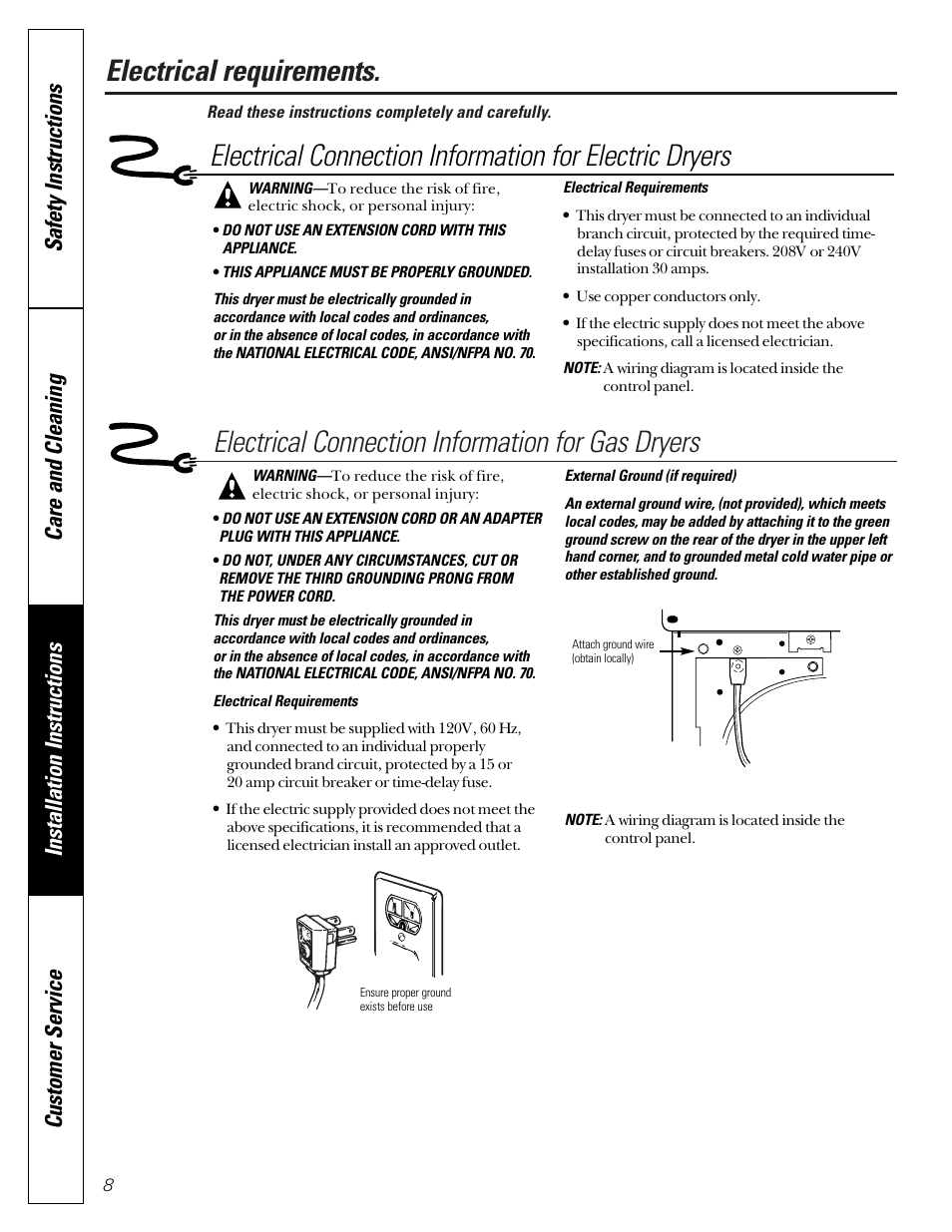 Electrical requirements, Electrical connection information for gas dryers | GE DCD330G User Manual | Page 8 / 20