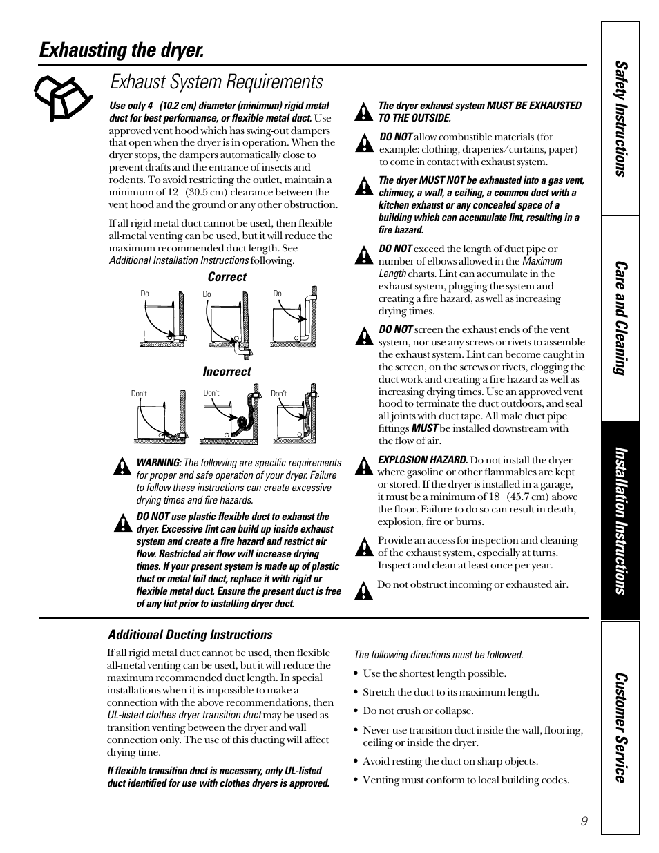Exhausting the dryer, Exhausting the dryer , 10, Exhausting the dryer. exhaust system requirements | GE DCD330G User Manual | Page 9 / 20