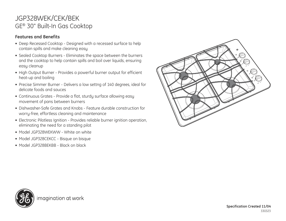 Jgp328wek/cek/bek, 30" built-in gas cooktop | GE JGP328WEK User Manual | Page 2 / 2