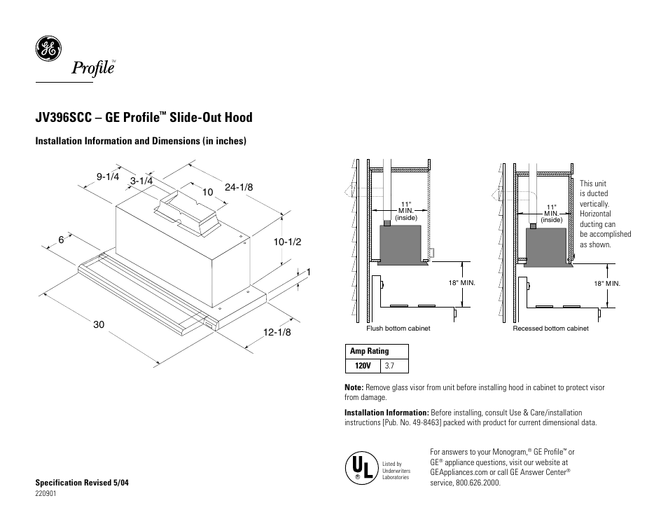 GE JV394S User Manual | 2 pages