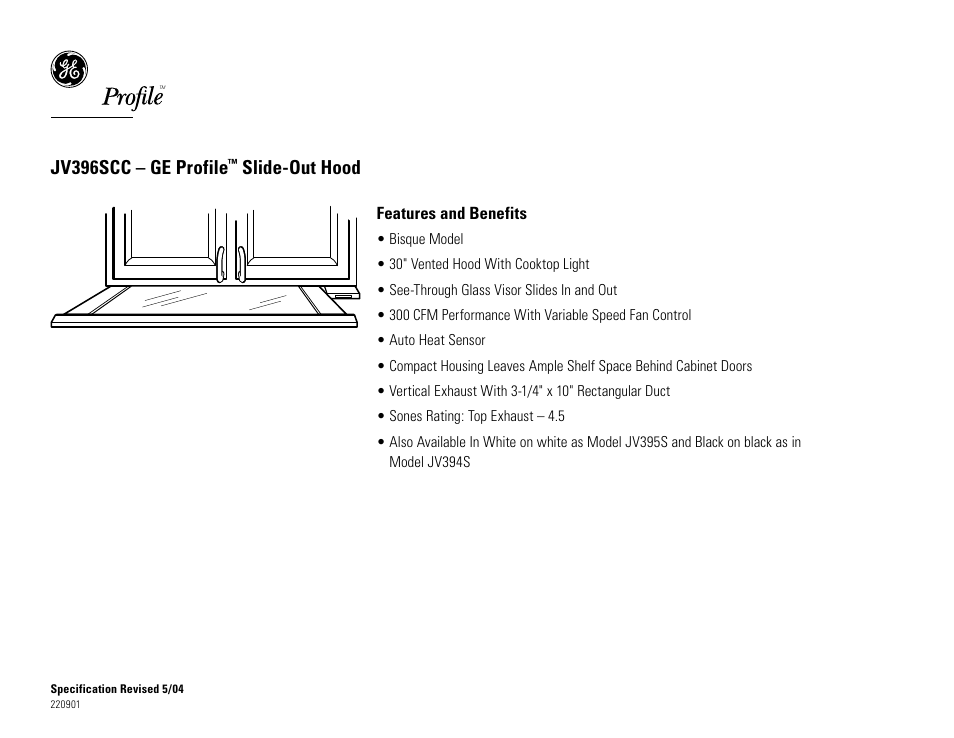 Jv396scc – ge profile, Slide-out hood | GE JV394S User Manual | Page 2 / 2