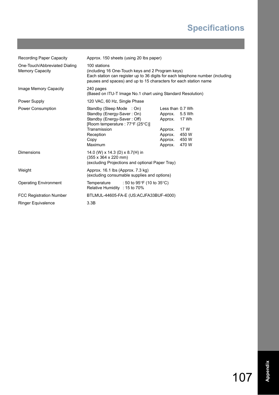 Specifications | GE UF-4000 User Manual | Page 107 / 120