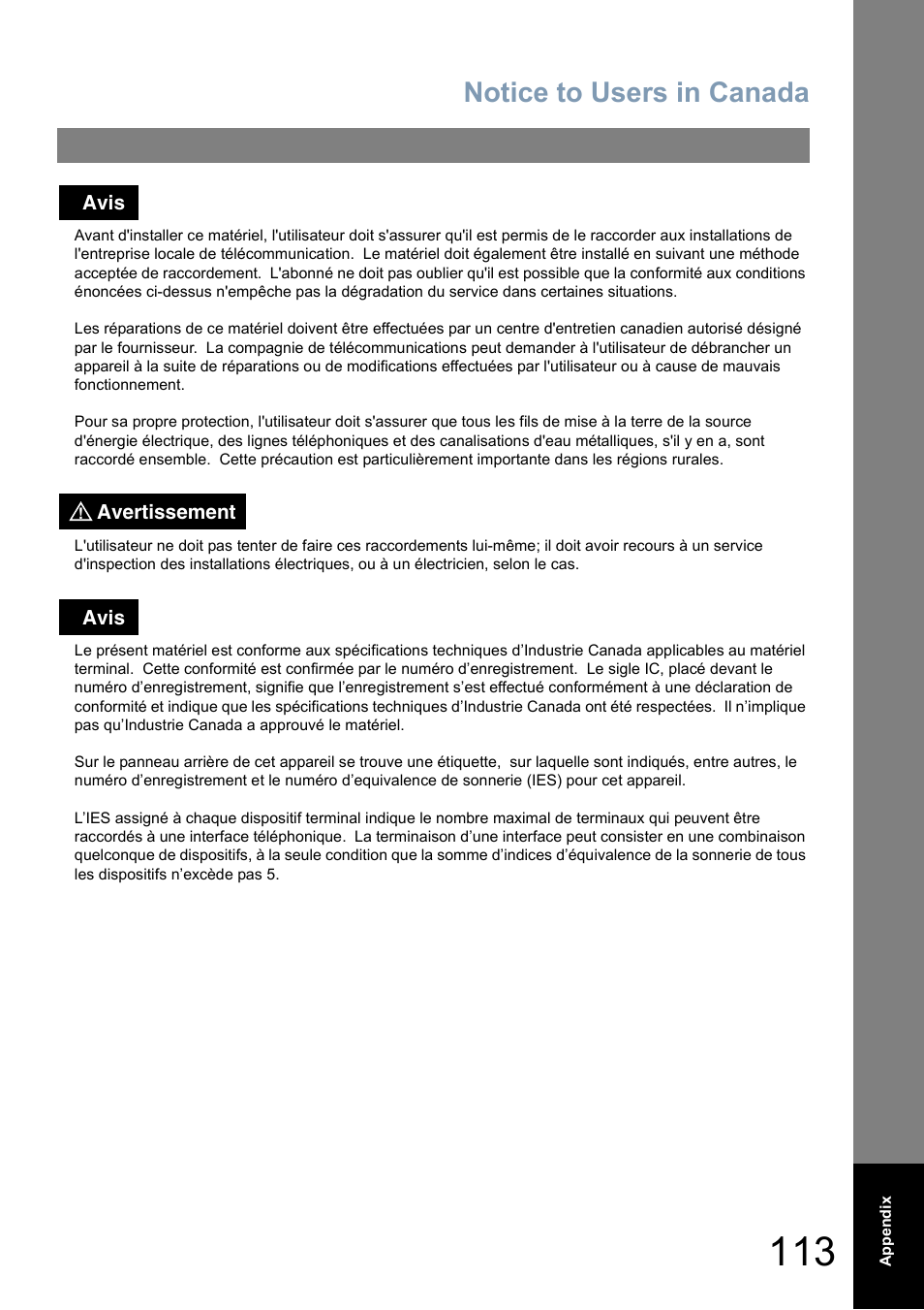 Notice to users in canada | GE UF-4000 User Manual | Page 113 / 120