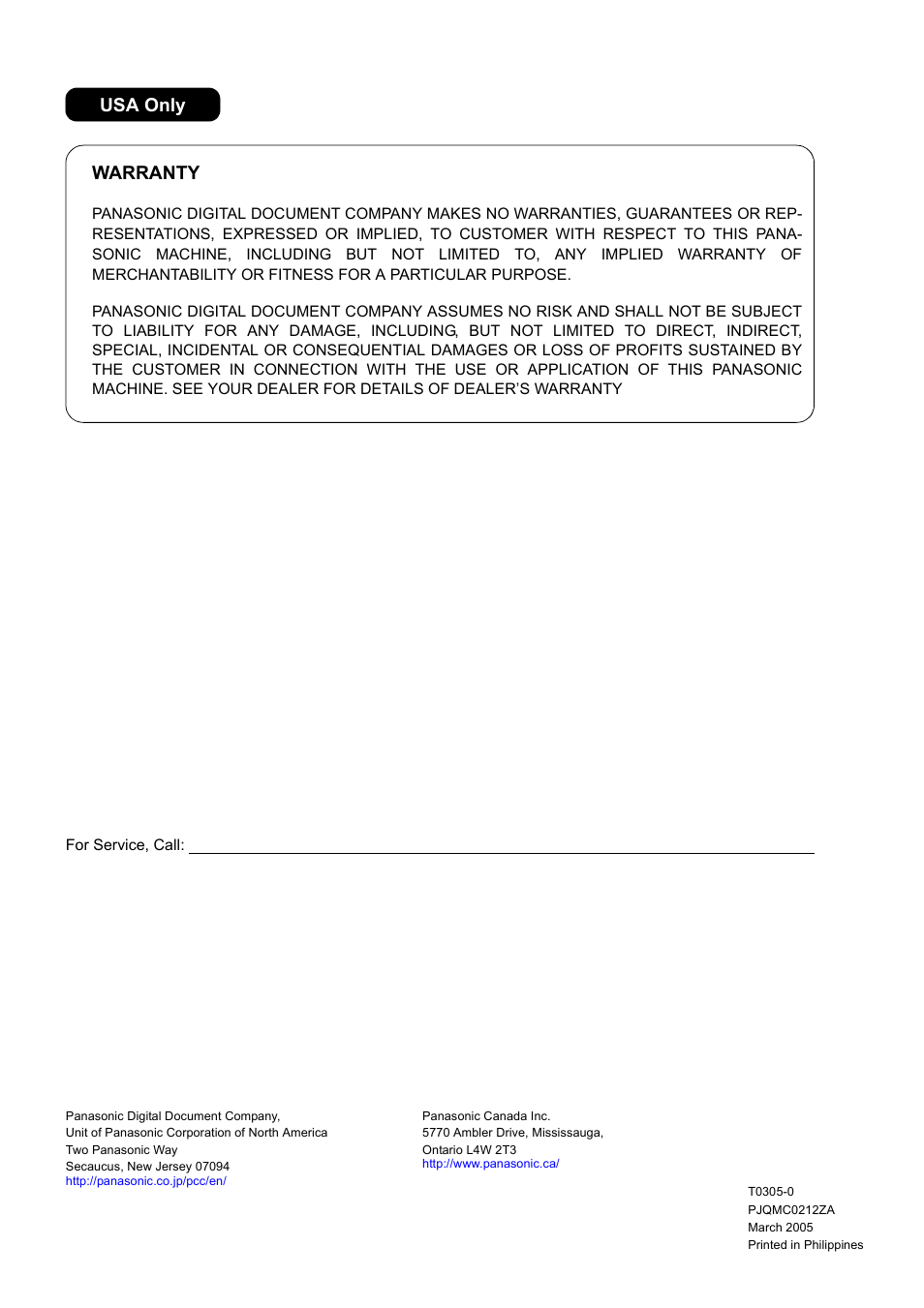 Warranty usa only | GE UF-4000 User Manual | Page 120 / 120