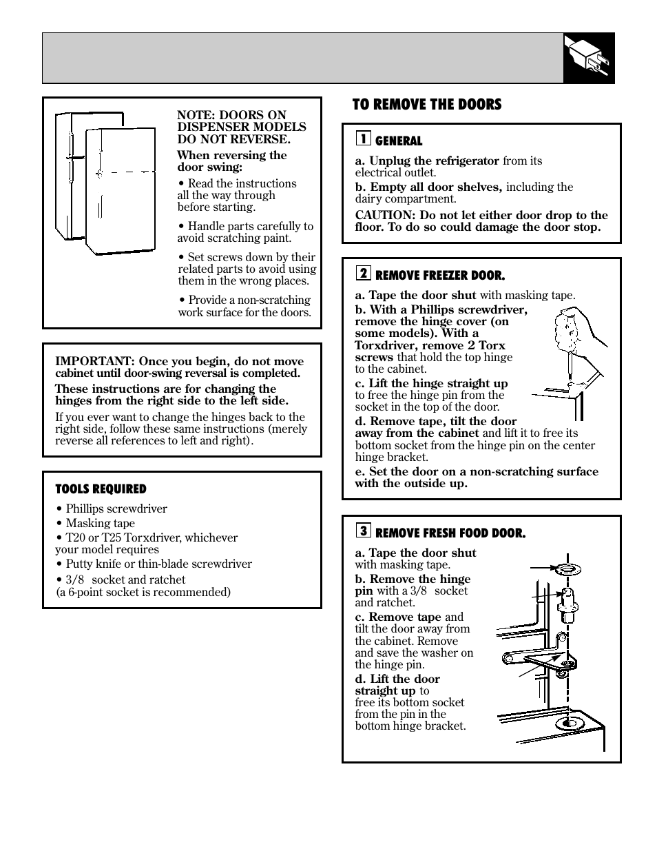 Reversing the door swing, Reversing the door swing –26, 23 reversing the door swing | GE 19 User Manual | Page 23 / 32