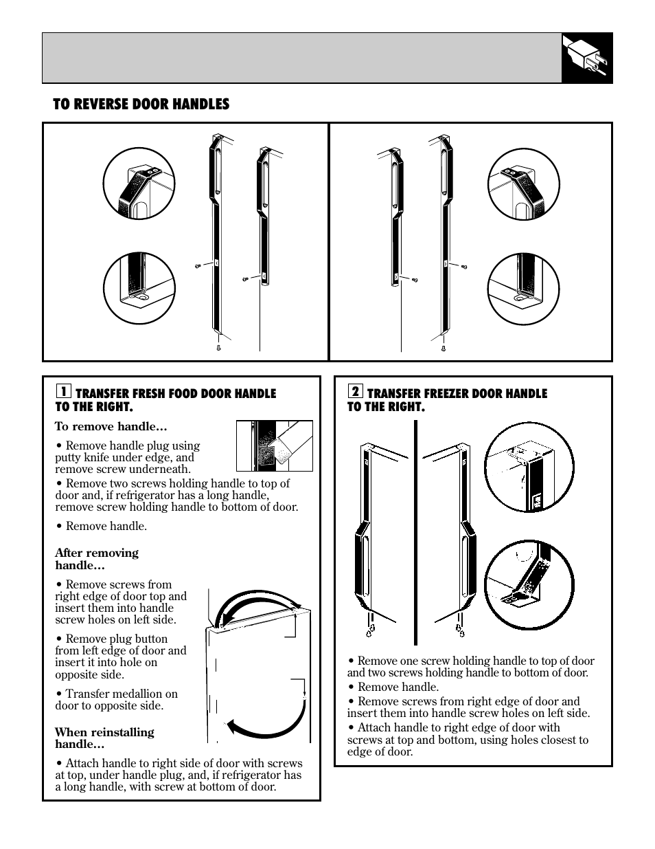 Transfer fresh food door handle to the right, 1transfer freezer door handle to the right | GE 19 User Manual | Page 25 / 32