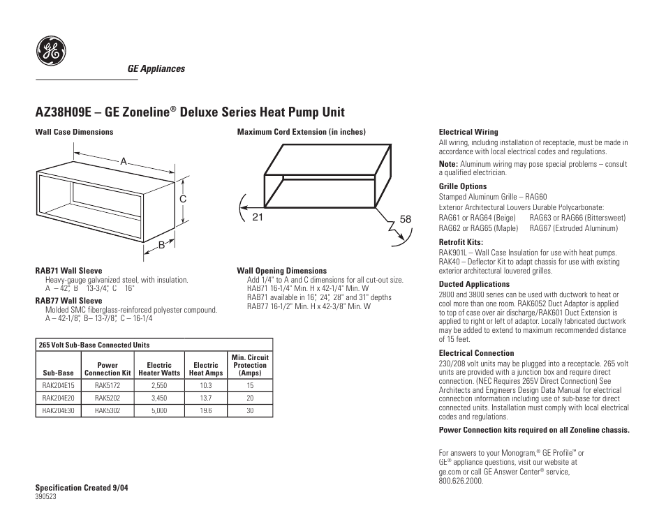 GE Zoneline AZ38H09EAB User Manual | 2 pages