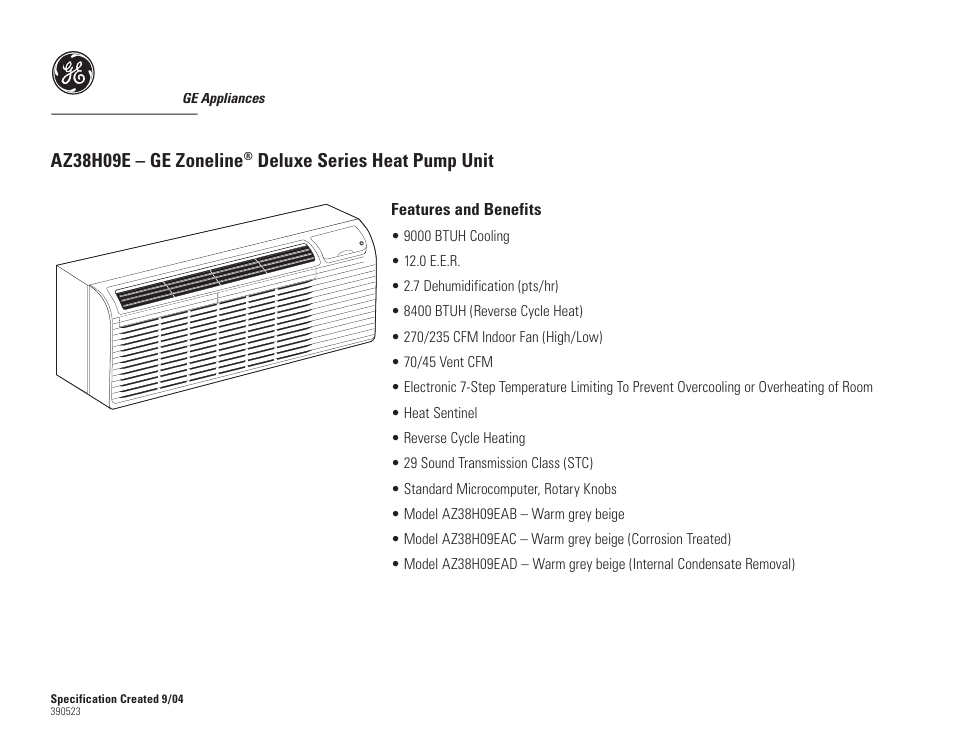 Az38h09e – ge zoneline, Deluxe series heat pump unit | GE Zoneline AZ38H09EAB User Manual | Page 2 / 2