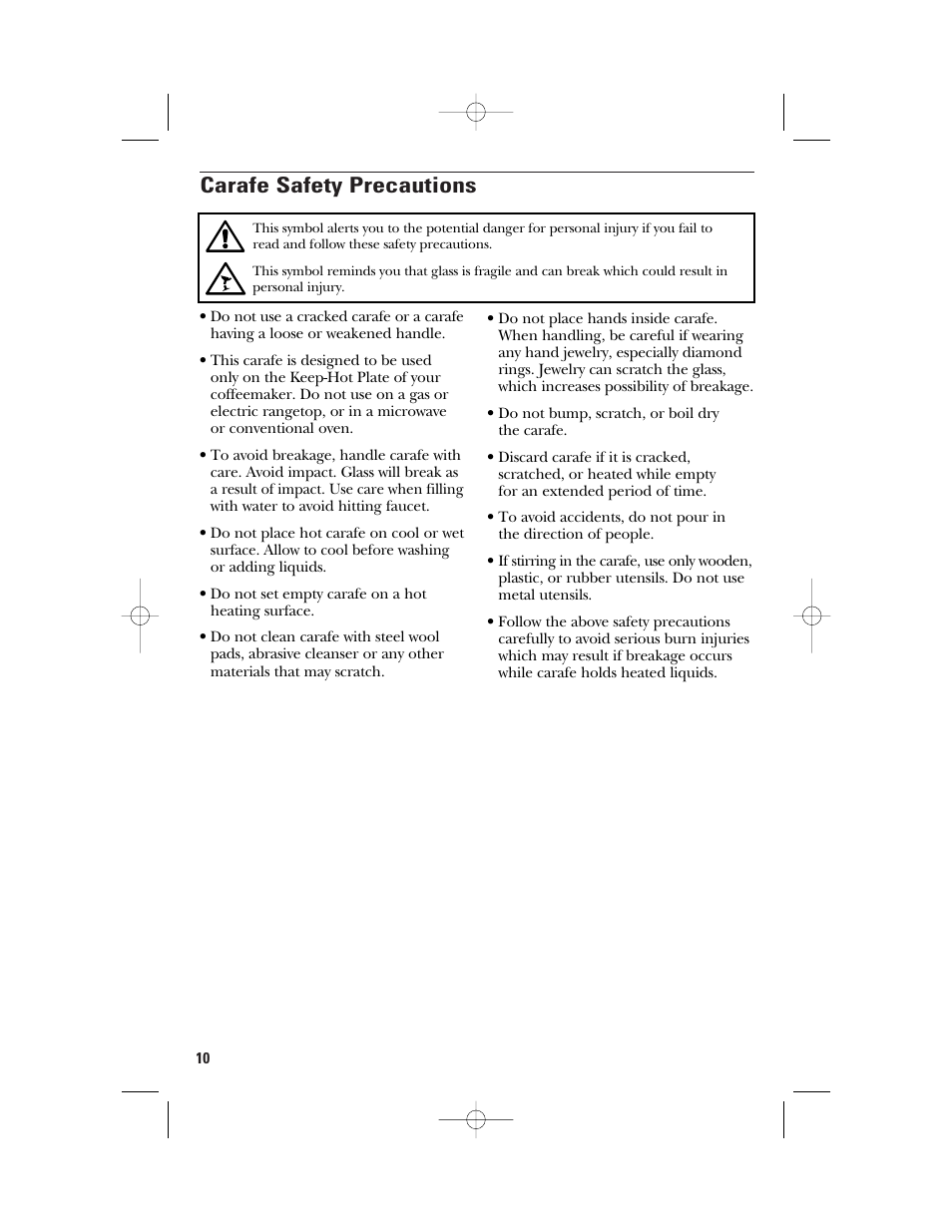 Carafe safety precautions | GE 840092200 User Manual | Page 10 / 24