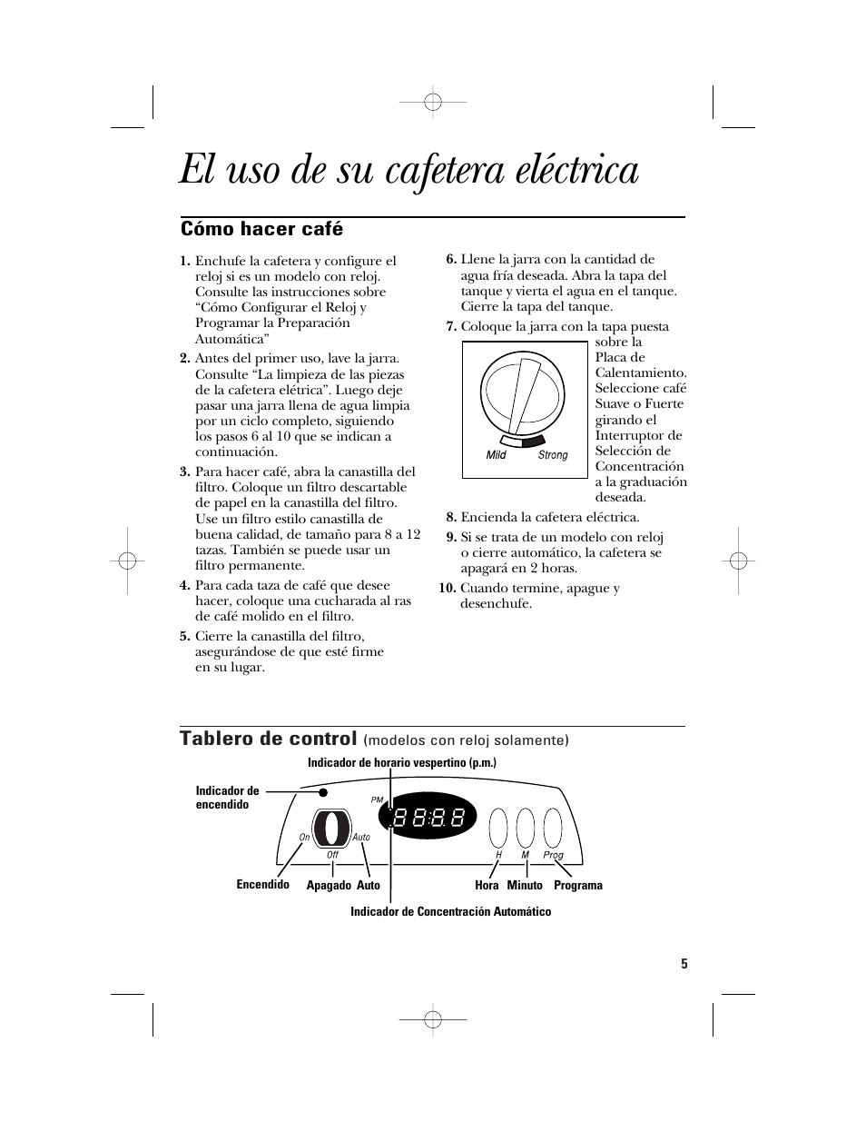 El uso de su cafetera eléctrica, Tablero de control, Cómo hacer café | GE 840092200 User Manual | Page 17 / 24