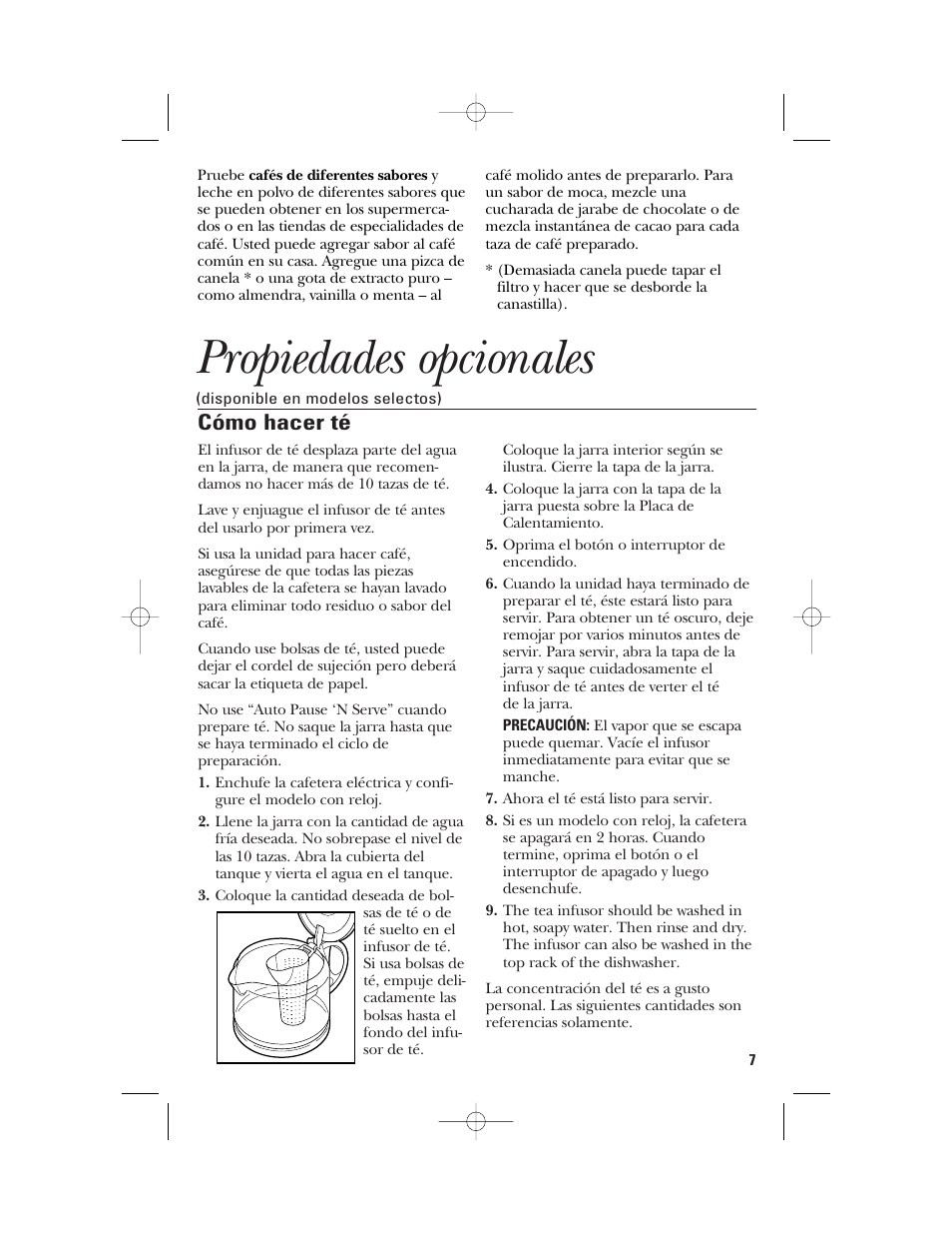 Propiedades opcionales, Cómo hacer té | GE 840092200 User Manual | Page 19 / 24