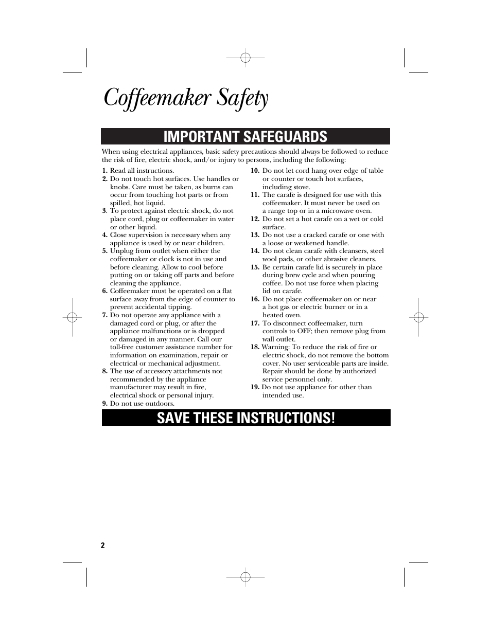 Coffeemaker safety, Important safeguards save these instructions | GE 840092200 User Manual | Page 2 / 24