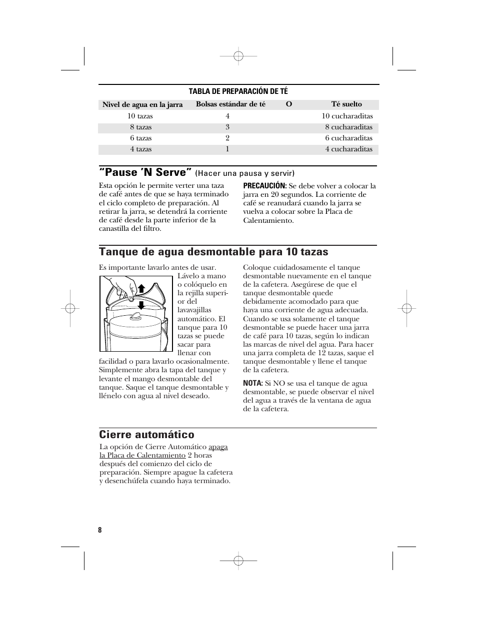 Cierre automático, Tanque de agua desmontable para 10 tazas, Pause ’n serve | GE 840092200 User Manual | Page 20 / 24