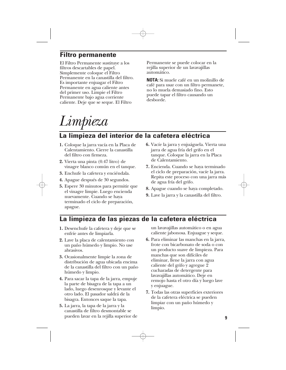 Limpieza, La limpieza del interior de la cafetera eléctrica, Filtro permanente | La limpieza de las piezas de la cafetera eléctrica | GE 840092200 User Manual | Page 21 / 24