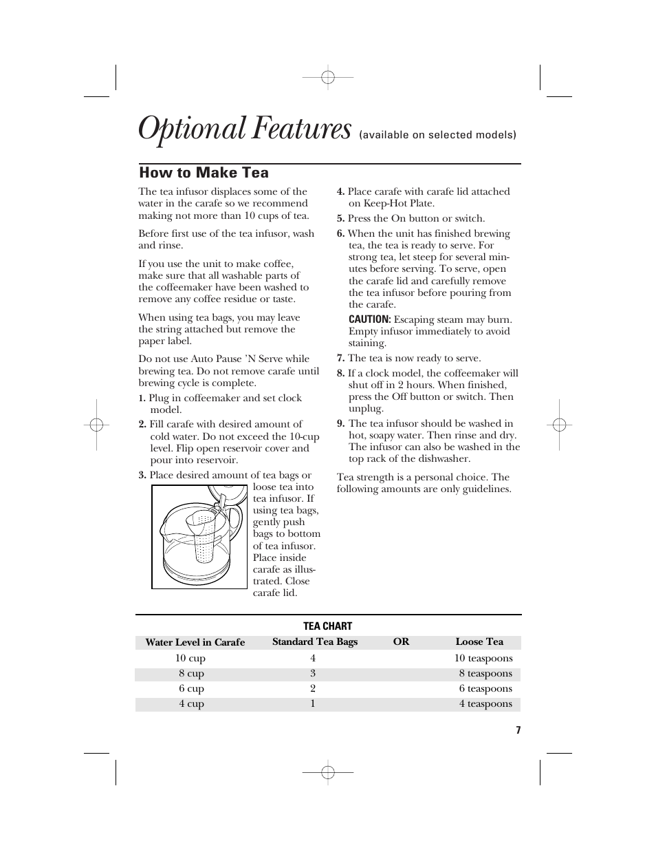 Optional features, How to make tea | GE 840092200 User Manual | Page 7 / 24