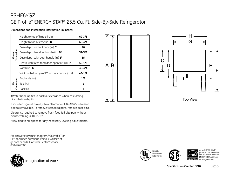 GE Energy Star PSHF6YGZ User Manual | 2 pages