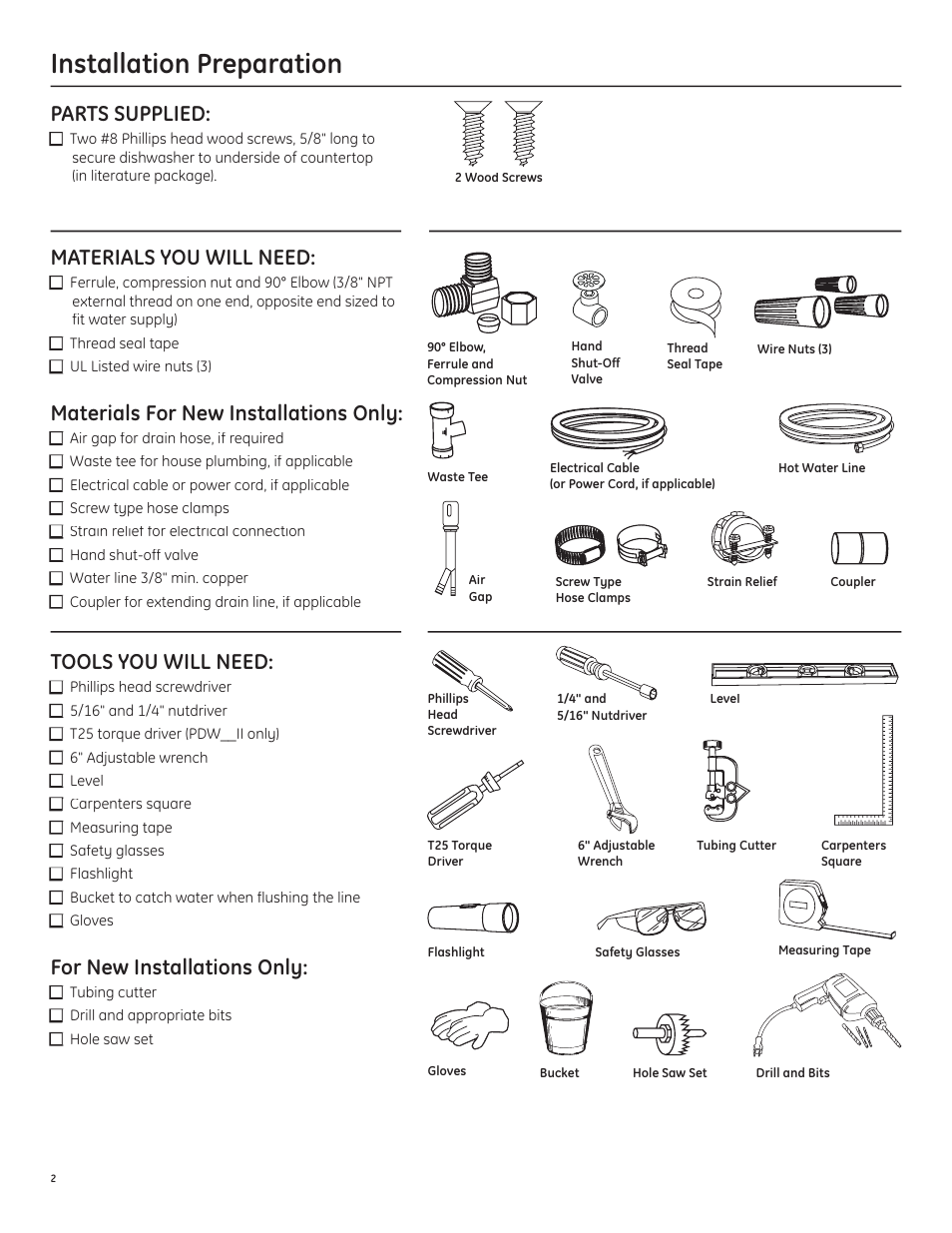 Hose clamps 90 ϒ elbow air gap, Coupler, Electrical cable | Hand valve hole saw bit level 2, Safety glasses, Tape, Wire nuts, Hot water line, Flashlight, Measuring tape | GE Built-In Dishwasher User Manual | Page 2 / 12