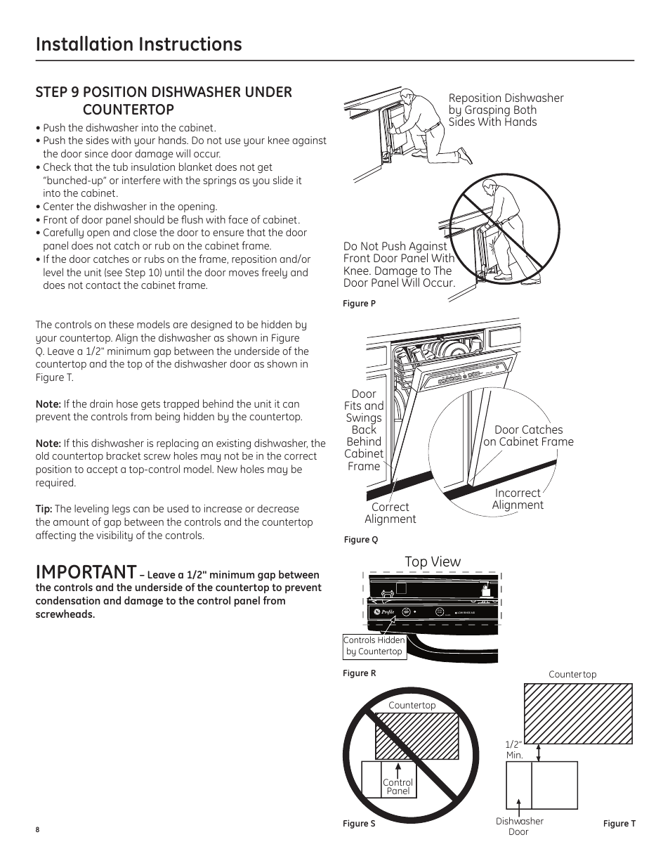 Installation instructions, Important, Step 9 position dishwasher under countertop | Top view | GE Built-In Dishwasher User Manual | Page 8 / 12