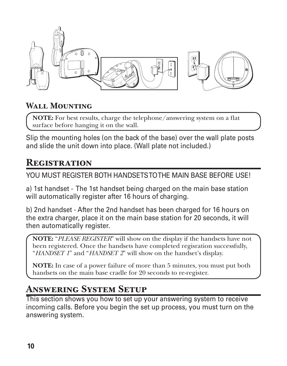 Registration, Answering system setup, Wall mounting | GE 25860 User Manual | Page 10 / 76