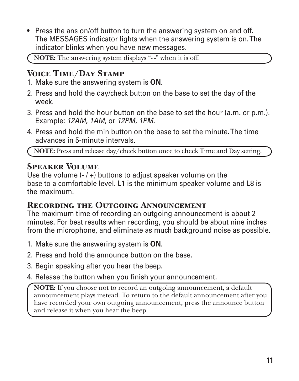 Voice time/day stamp, Speaker volume, Recording the outgoing announcement | GE 25860 User Manual | Page 11 / 76