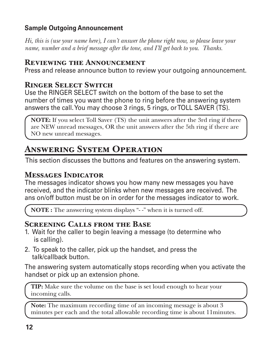 Answering system operation, Reviewing the announcement, Ringer select switch | Messages indicator, Screening calls from the base | GE 25860 User Manual | Page 12 / 76