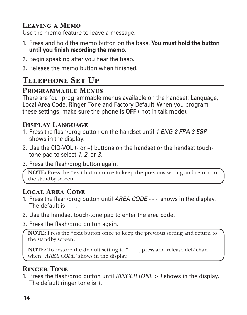 Telephone set up, Programmable menus, Display language | Local area code, Ringer tone | GE 25860 User Manual | Page 14 / 76