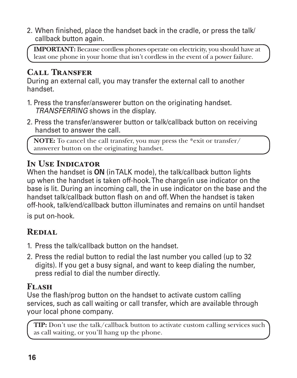 Call transfer, Redial, Flash | GE 25860 User Manual | Page 16 / 76