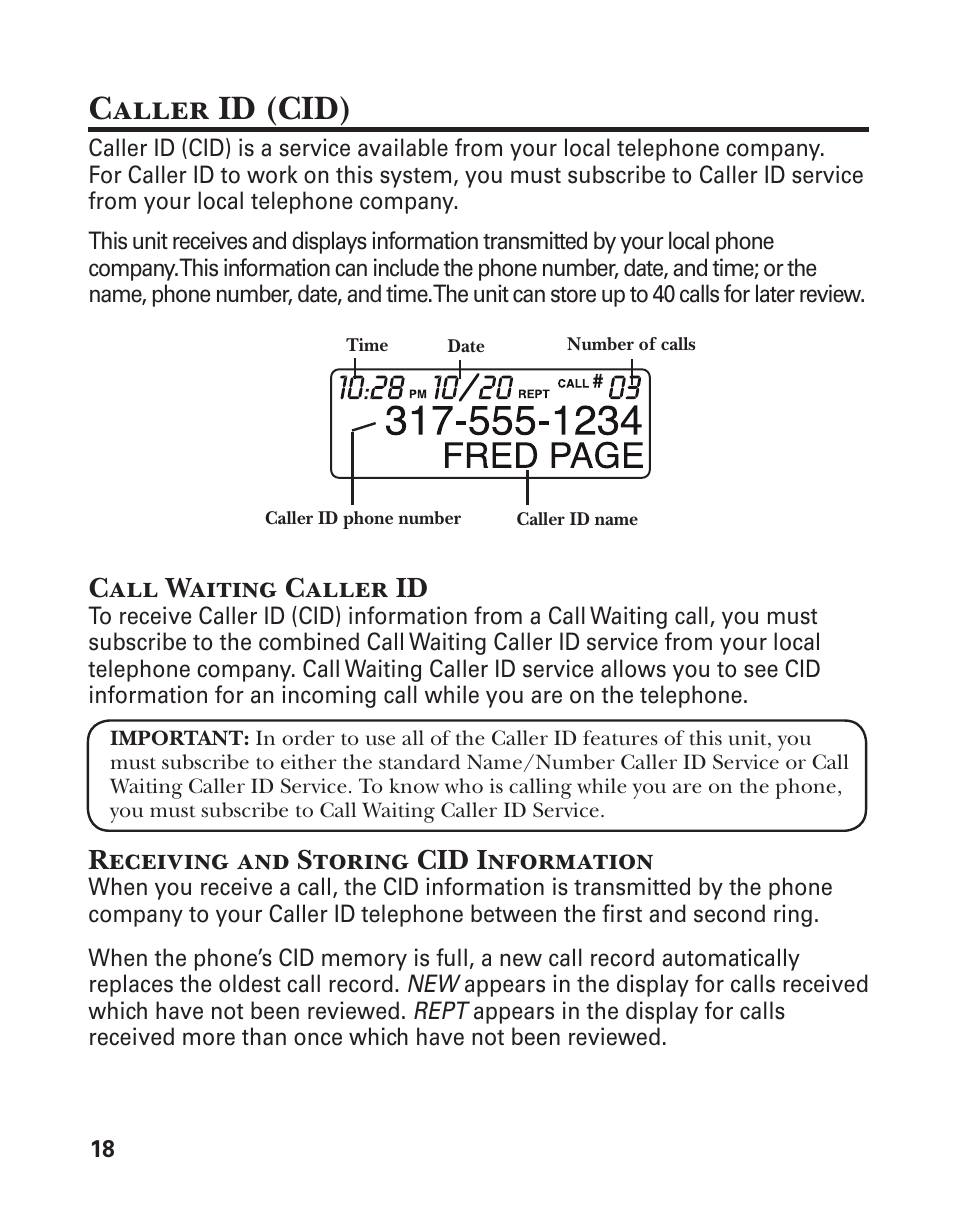 Caller id (cid), Call waiting caller id, Receiving and storing cid information | GE 25860 User Manual | Page 18 / 76