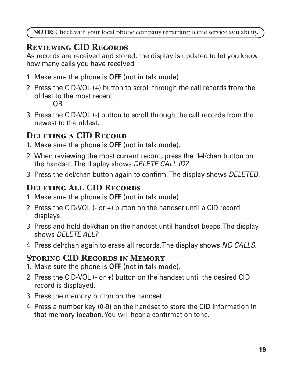 Reviewing cid records, Deleting a cid record, Deleting all cid records | GE 25860 User Manual | Page 19 / 76