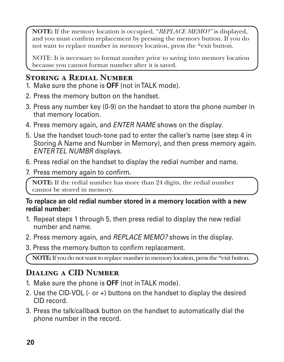 Storing a redial number, Dialing a cid number | GE 25860 User Manual | Page 20 / 76