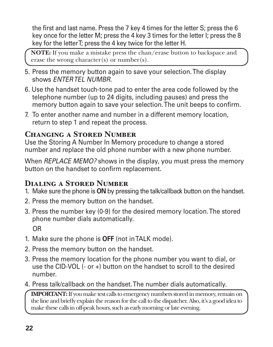 Changing a stored number, Dialing a stored number | GE 25860 User Manual | Page 22 / 76