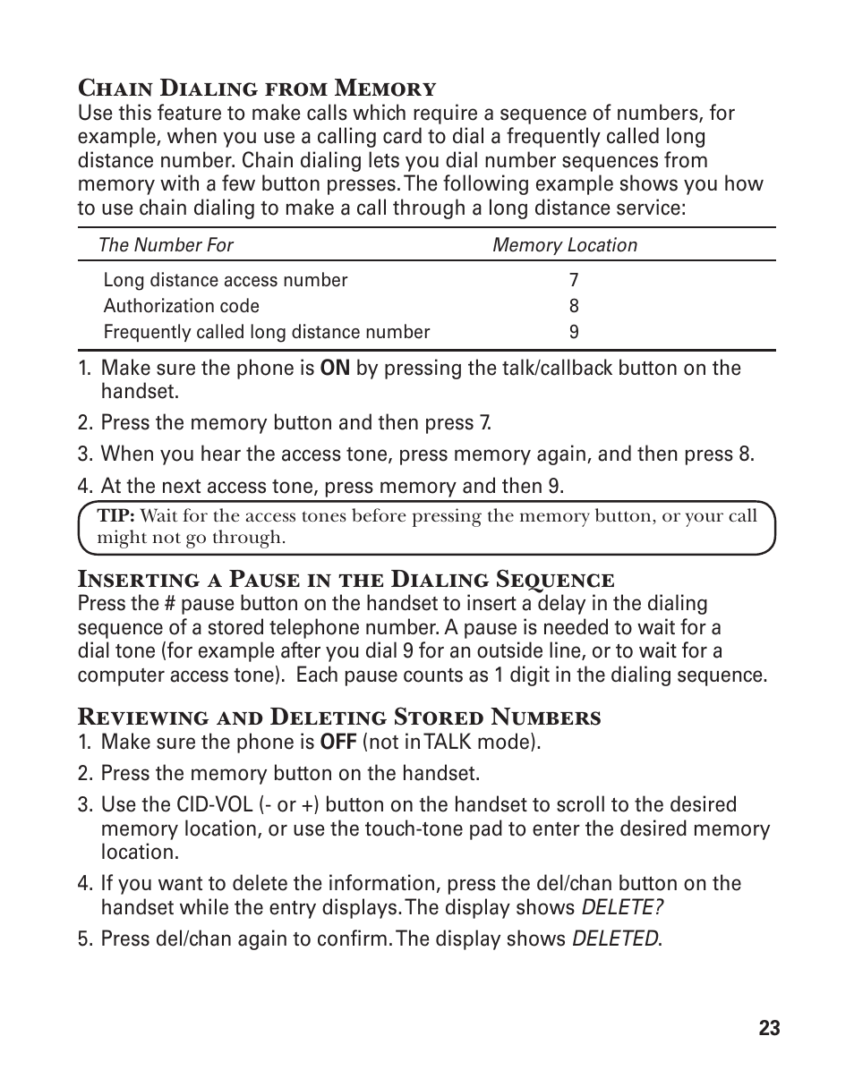 Inserting a pause in the dialing sequence, Reviewing and deleting stored numbers | GE 25860 User Manual | Page 23 / 76