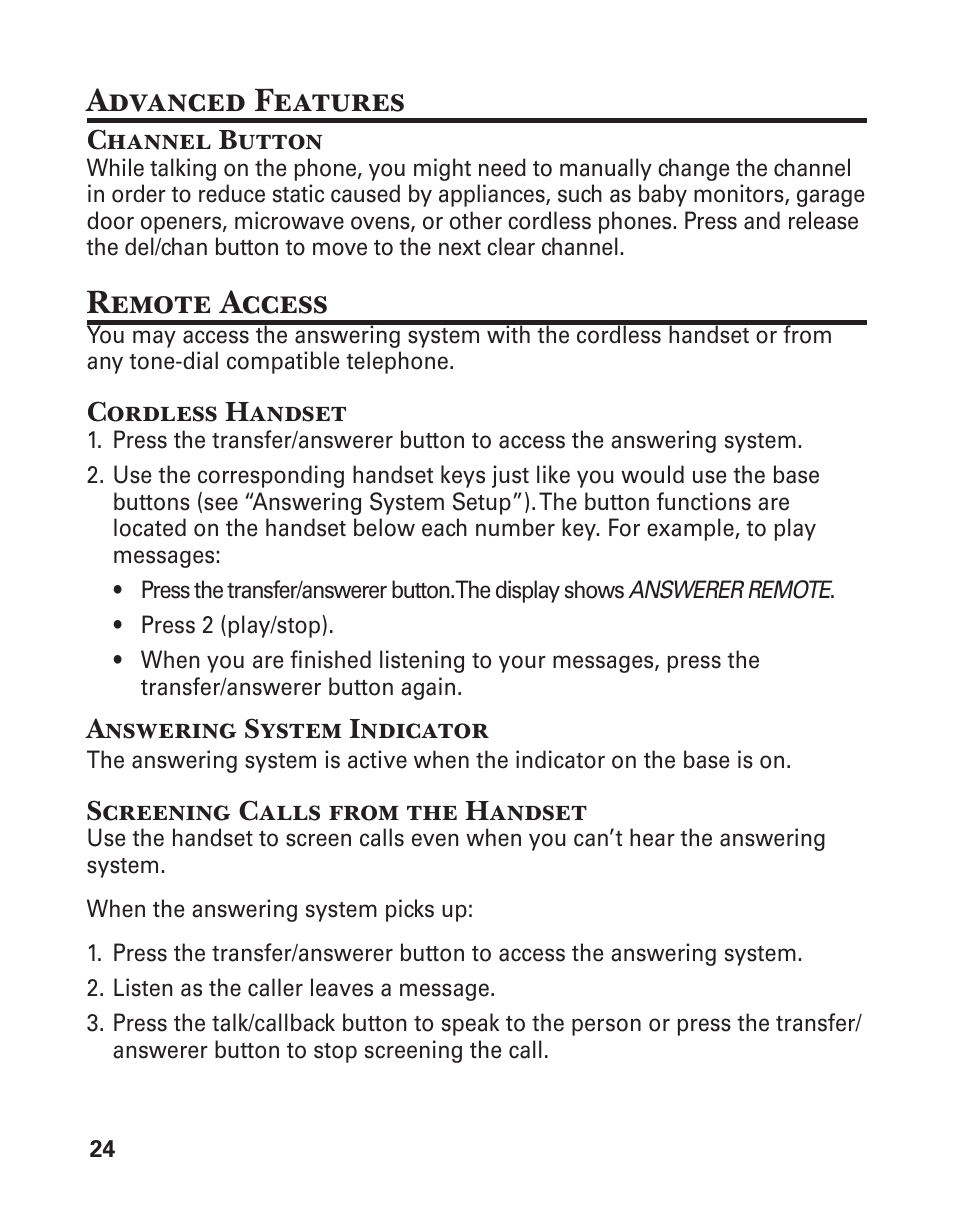 Advanced features, Remote access | GE 25860 User Manual | Page 24 / 76