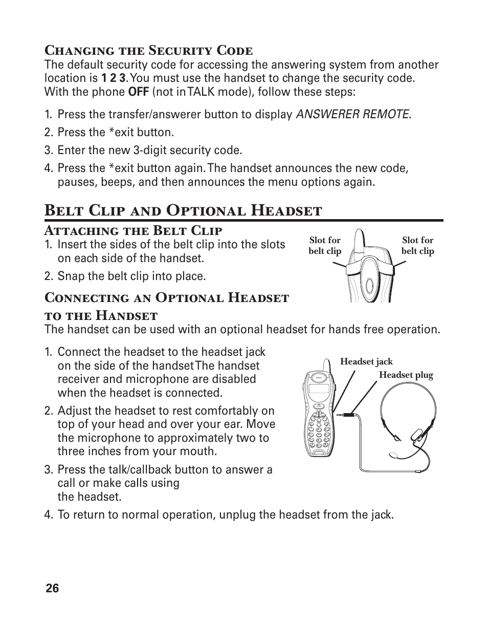 Belt clip and optional headset, Changing the security code, Attaching the belt clip | Connecting an optional headset to the handset | GE 25860 User Manual | Page 26 / 76