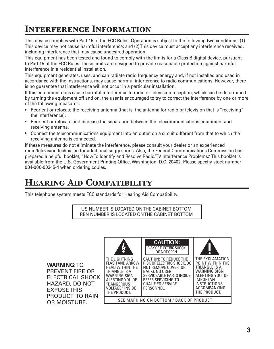 Interference information, Hearing aid compatibility | GE 25860 User Manual | Page 3 / 76