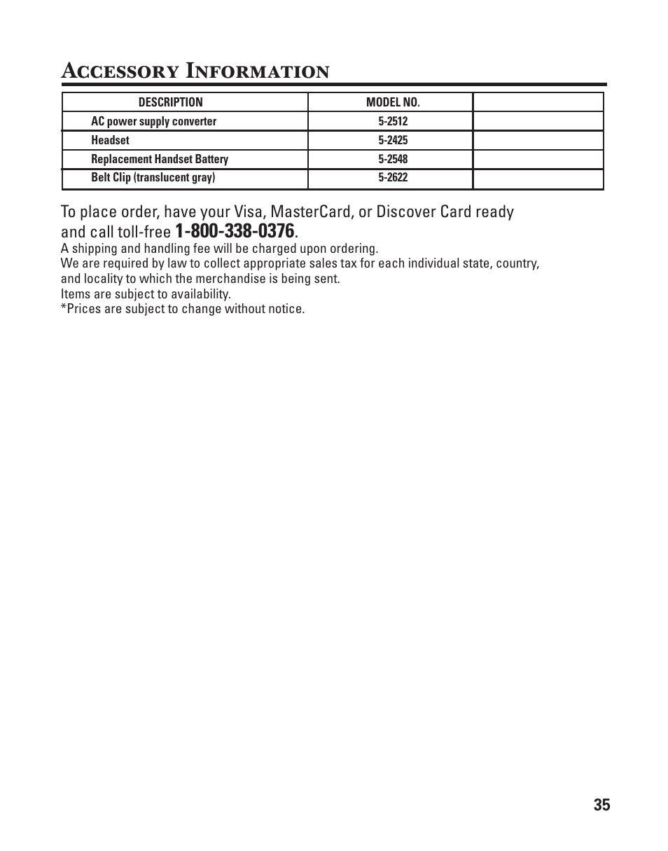 Accessory information | GE 25860 User Manual | Page 35 / 76