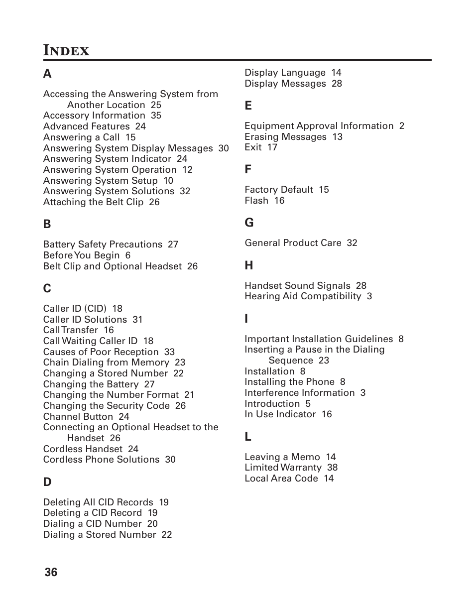 Index | GE 25860 User Manual | Page 36 / 76