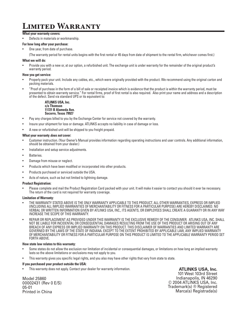 Limited warranty | GE 25860 User Manual | Page 38 / 76