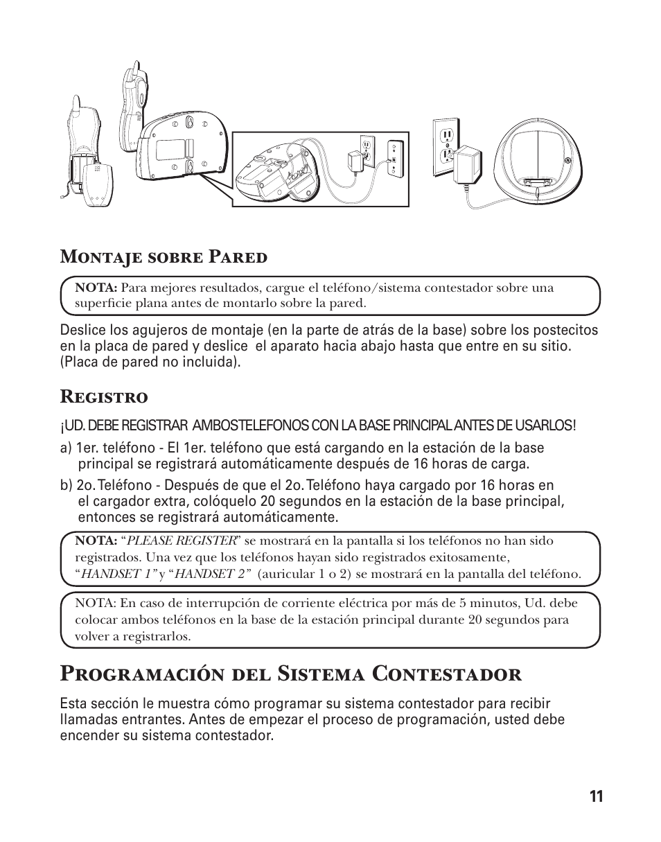 Programación del sistema contestador, Montaje sobre pared, Registro | GE 25860 User Manual | Page 49 / 76